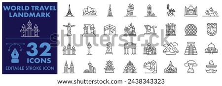 World Travel Tour Concept Editable Stroke icon sets. Famous Culture Landmark, Cities ancient Monuments, Tourism Countries.