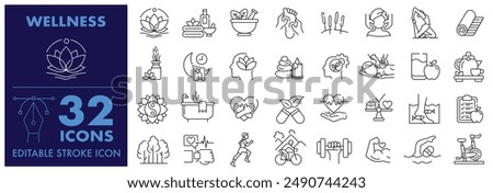 Wellness, Wellbeing and Lifestyle Editable Stroke Icon. Included Spa, Mental Health, Healthcare, Fitness, massage, yoga, spa, relaxation and More