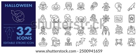 Halloween and Thanksgiving, Editable Stroke Icon. Included Dracula, mask, Clown of murderer, bat and cute ghost, abandoned house, Vampire, Happy Halloween Season pumpkins, Creepy and Spooky and More