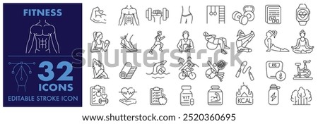 Fitness Editable Stroke icon set, Lifestyle, Cardio, Exercise, Meditate, training, yoga, workout, slim body, gymnastic, Fitness Program, Cardio, Vector illustration icon set.