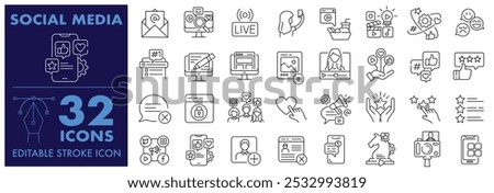 Social Media Editable Stroke icon set, Emotion, Blog, Live Streaming, Feedback, Favourite, Application, Social Network, Share, Media, Vlogger, trending, You tuber and more vector illustration 