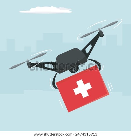 Healthcare drone delivery service. A drone carrying a red medkit box. Medkit delivery concept