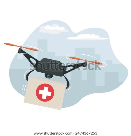 Healthcare drone delivery service. Drone carrying a medkit box. Medkit delivery concept