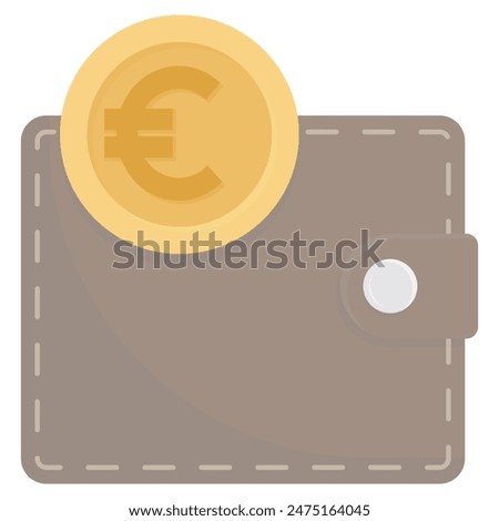 Leather wallet and gold coin with euro symbol on it. Cartoon style, flat design. Vector illustration