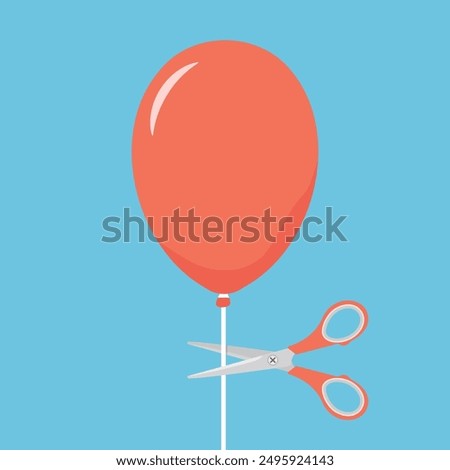 Scissors cutting ballon string. Red ballon and scissors on blue background. Vector illustration in cartoon style.