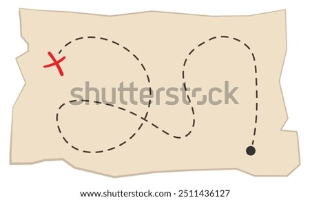 Old pirate treasure map with red X marking the spot. Aged parchment with markings. Simple vector illustration