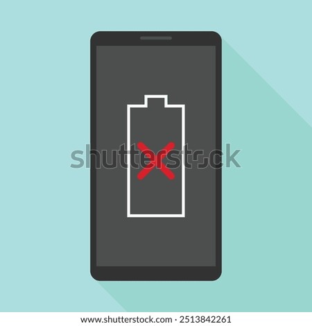 Smartphone with a dead battery icon on the screen. Flat style. Vector illustration with long shadow