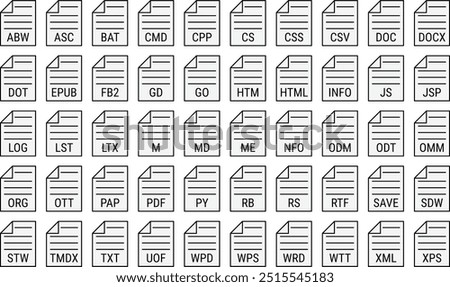 Text file formats icon set. Collection of various document file extensions. Vector icons on transparent background. Icon for apps, UI and web design