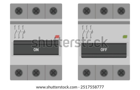 3 pole miniature circuit breaker electrical device for DIN rail mounting. Vector image for electric illustrations or control schemas. Flat style