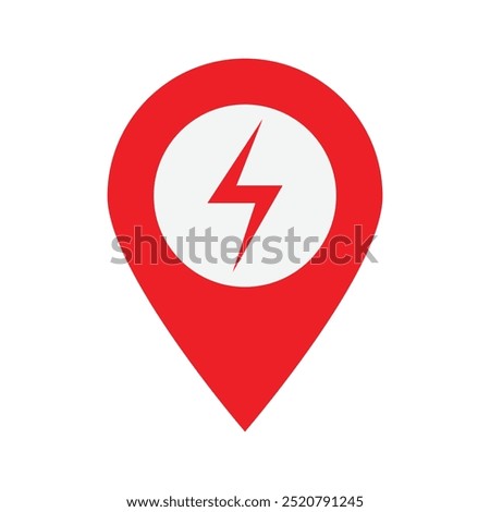 Red map pin with a lightning bolt symbol. Charging station location. Vector icon for maps, UI or mobile apps