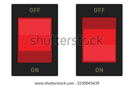 Rectangle rocker switch with red button and ON OFF labels. Vector image for electric illustrations or control schemas