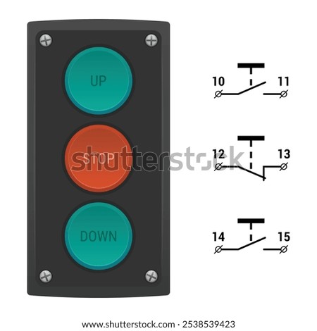 Push button control station switch with three buttons and circuit wiring diagram