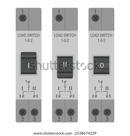 Load switch for DIN rail mount. Set of modular single pole 3 position switches. Vector illustration in flat style