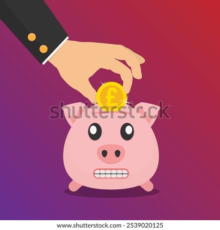 Hand placing a gold pound coin into a piggy bank. Concept of saving money. Vector illustration