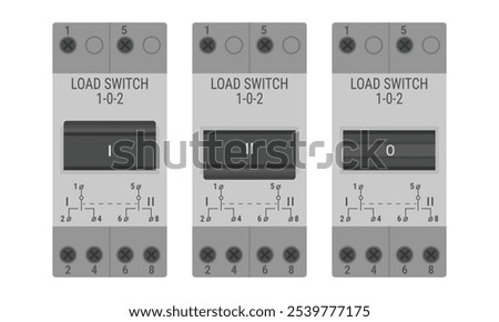 Load switch for DIN rail mount. Set of modular double pole 3 position switches. Vector illustration in flat style