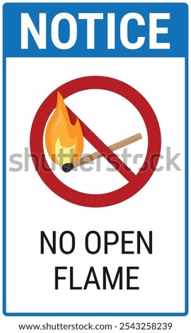 No open flame notice sign. Matchstick with a flame in a red crossed circle