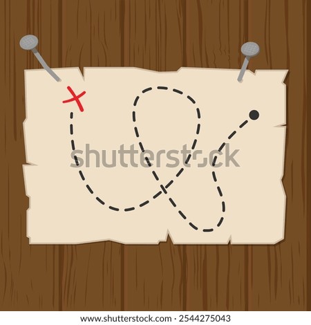 A piece of parchment paper nailed to a wooden surface with two nails. Treasure map with x marking the spot