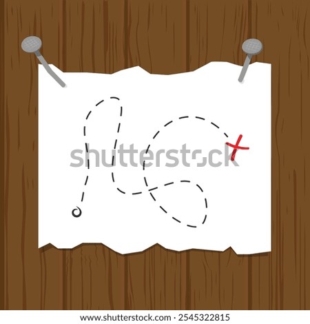 A piece of paper nailed to a wooden surface with two nails. Treasure map with x marking the spot