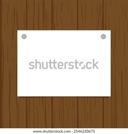 A blank white piece of paper pinned to a wooden surface with two thumbtacks. Template illustration for notices, announcements or messages