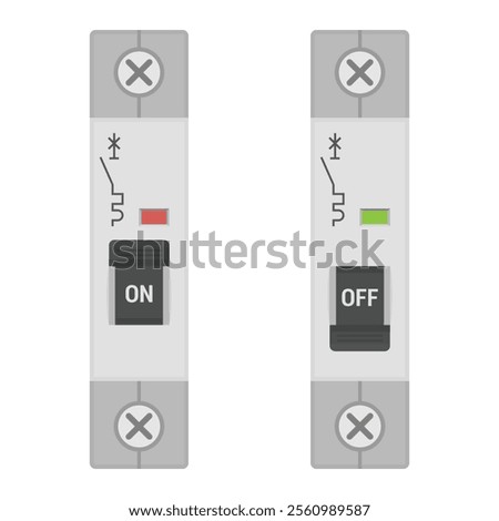 Modular circuit breakers for DIN rail mount. Set of single pole MCB devices. Flat vector illustration isolated on white