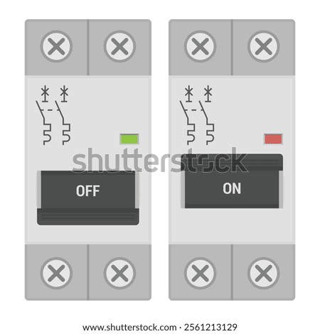 Double pole circuit breakers for DIN rail mount. Flat style vector illustration isolated on white