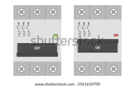 Miniature three pole circuit breakers. Set of MCB devices for a DIN rail mount. Flat style vector illustration isolated on white