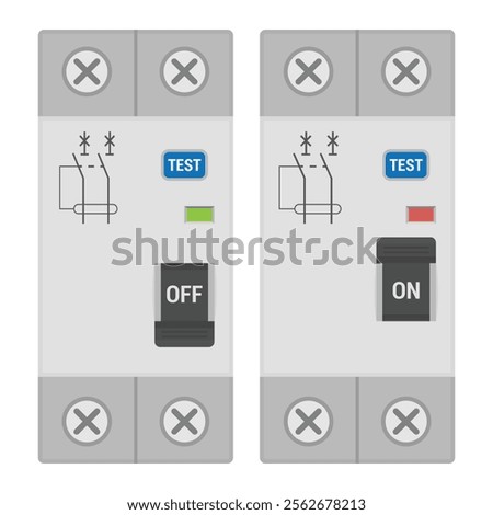 Residual current circuit breaker set. Devices in the ON and OFF positions. Flat vector illustration isolated on white