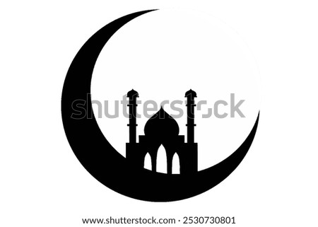 A silhouette of a mosque with two minarets placed inside a crescent moon. The black and white design represents Islamic symbolism, often seen in logos or emblems