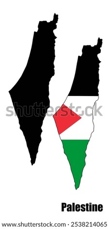 Map illustration of Palestine, featuring both a solid black silhouette and a flag-filled version. Highlights the nation’s shape and identity with vivid flag colors.