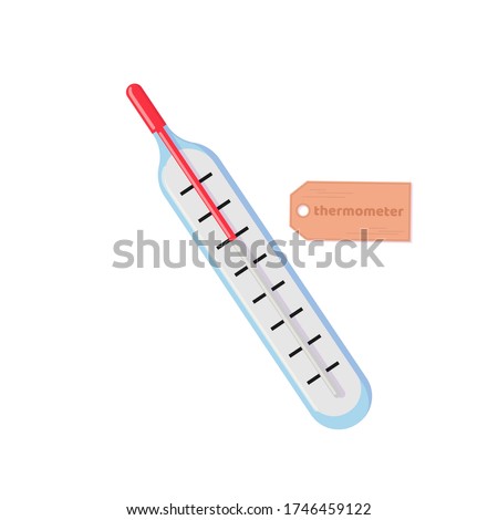 Medical mercury thermometer.  Human body temperature. Illness, cold, fever. Virus symptom. Vector cartoon flat illustration isolated on white background.