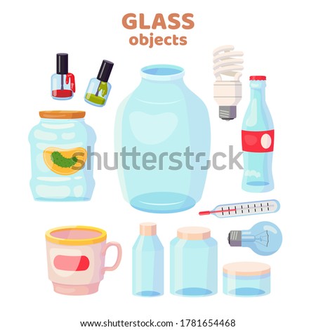 Set with glass objects. Jars, cup, bottle, light bulb, thermometr, expired nail polish. Vector cartoon flat illustration isolated on white background.