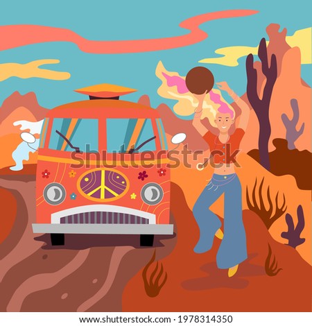 Hippie girl dancing near a Volkswagen hippie car. Dancing with tambourine in the background of Arizona desert, bright sunset sun, freedom, happiness. Vector flat illustration, bright cartoon style.