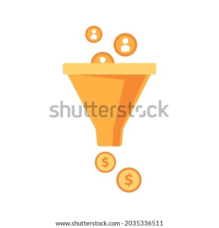 Gold color business funnel. Icon of resource conversion funnel in dollars, for website, business, investment, marketing application. Vector illustration, flat cartoon style.