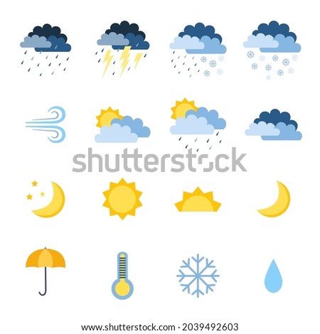 A set of weather icons. Sun, clouds and rain, wind, snow, sleet and rain. Sun, moon and stars. Icons for website, weather app, meteorology, weather forecasts. Vector flat illustration, cartoon style.