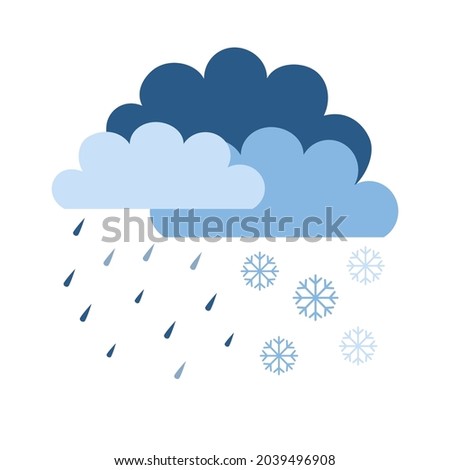 Snow, rain and clouds. Winter, snow cloud, rain and snowflakes. Icons for website, weather app, meteorology, weather forecasts. Icon denoting mixed weather, snow and rain. Vector flat illustration
