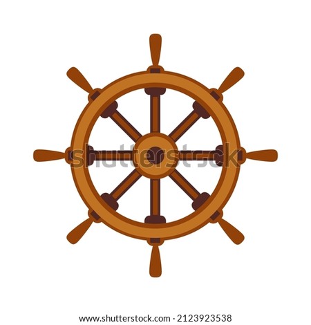 The steering wheel. An old wooden ship's rudder for steering on the sea. Pirate steering wheel. Icon, clipart for website about history, travel, pirates. Vector flat illustration, cartoon style.