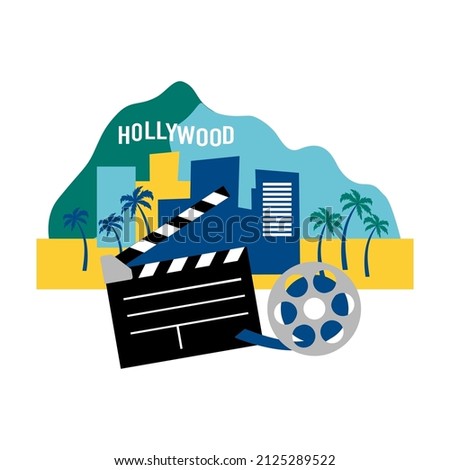 Hollywood. Stylised image of Hollywood Hill with caption, film, clapper for the frame. Icon, clipart for website about film, shooting, America, USA. Vector flat illustration, cartoon style.