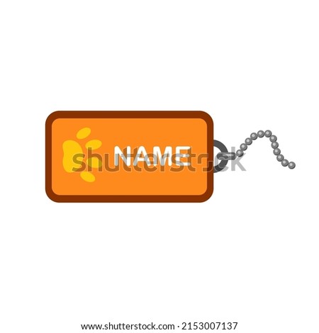 Dog tag. Yellow dog tag with dog paw pattern and space for pet name. Icon for website, app about pets, accessories. Vector flat illustration, cartoon style.