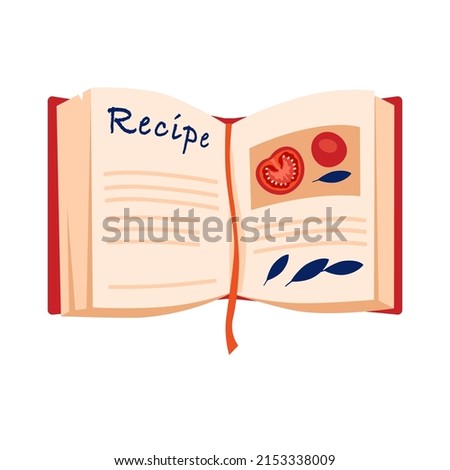 Cookbook. Open book with photos of tomato recipes, beautiful notebook with bookmark. Icon for website, app about recipes, cooking, healthy food. Vector flat illustration, cartoon style.