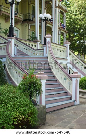 The front steps of the Atheneum, the largest hotel in Chautauqua, NY and one of the largest all wood structures in the world.
