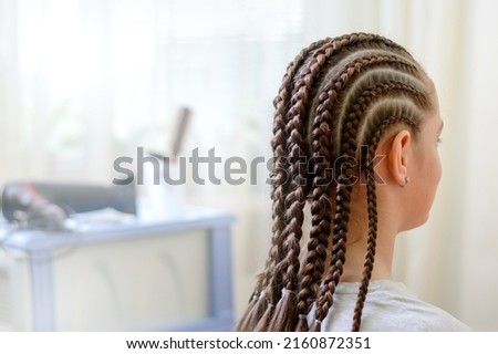 Girl in a hairdressing salon with a beautiful summer hairstyle in African style. Many thin braids on the girl's head Stock foto © 