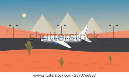 Plane taking off. Plane with the pyramids of Egypt. Plane in the desert. Plane on the road