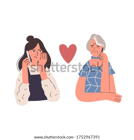 young woman hug her old mother with love, mother and daughter love as family, mother's day.people talking on mobile phone.