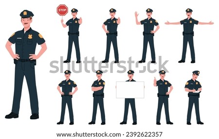 Male Police Officer Cartoon Vector Illustration Poses. Young White Police Men Cop In Dark Blue Uniform. Standing, Holding Signboard, Stop Sign, Ticket, White Isolated