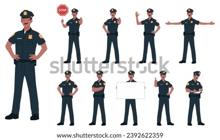 Male Police Officer Cartoon Vector Illustration Poses. Young Black Police Men Cop In Dark Blue Uniform. Standing, Holding Signboard, Stop Sign, Ticket, White Isolated