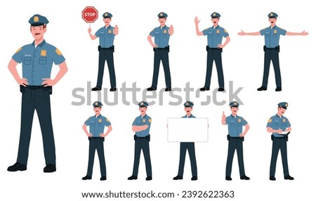 Male Police Officer Cartoon Vector Illustration Poses. Young White Police Men Cop In Blue Uniform. Standing, Holding Signboard, Stop Sign, Ticket, White Isolated