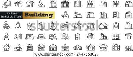 Building web icons in line style. Hotel, hospital, apartament, city, town house, mall, coffee, collection. Vector illustration.