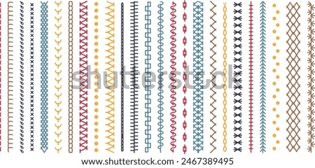 Sew stitch. Colorful seamless pattern brush embroidery thread seam, fabric sewing machine stitches line border, textile seam. Needlework	