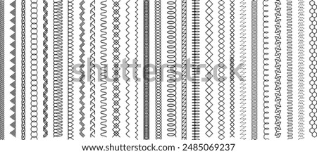 Sew stitch. Colorful seamless pattern brush embroidery thread seam, fabric sewing machine stitches line border, textile seam. Needlework	