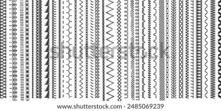 Sew stitch. Colorful seamless pattern brush embroidery thread seam, fabric sewing machine stitches line border, textile seam. Needlework	